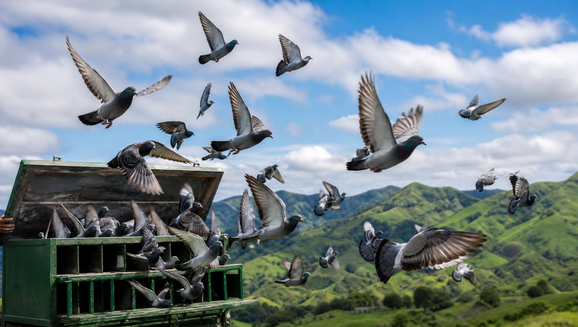 Racing homing pigeon in flight against a misty sky